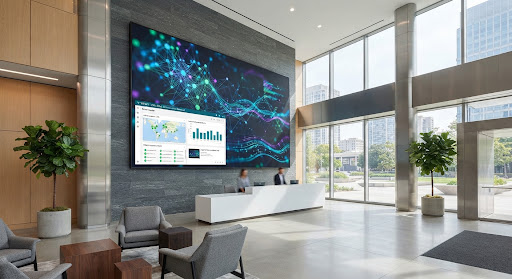 CMS dashboard and connected digital signage in a modern lobby